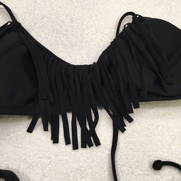Black fringed bikini top padded tie closure O/S - Picture 2 of 2